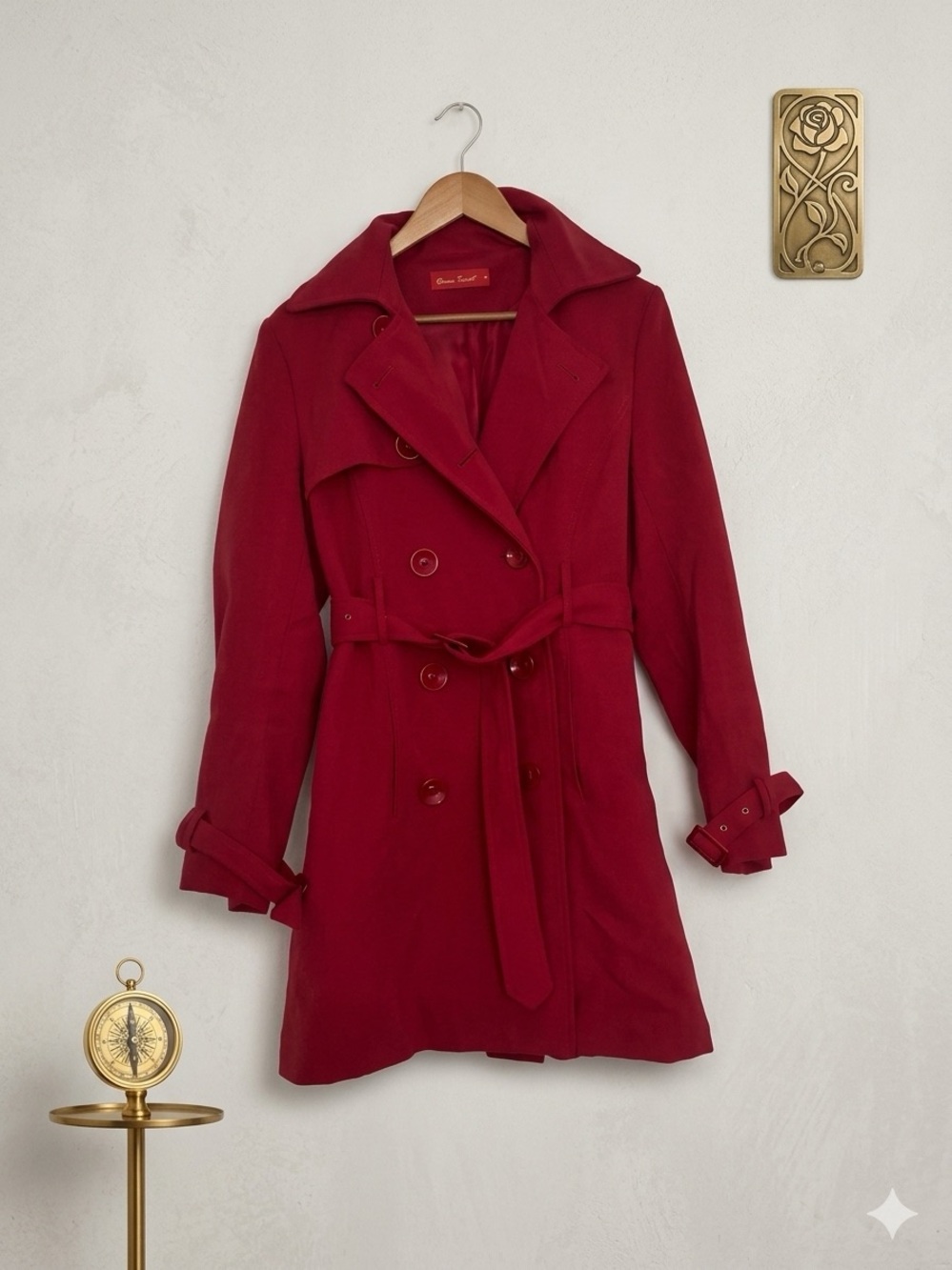 Classic tricot red Double- Breasted Trench Coat - With Belt-Size L